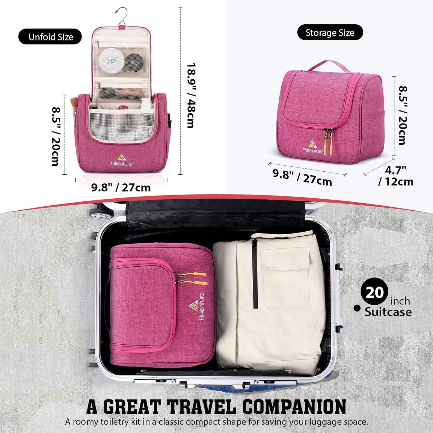 Hikenture Toiletry Bag for Women,Travel Toiletries Bag, Hanging Cosmetic Bag for Makeup,Water-Resistant Bathroom Shower Bag Travel Organizer Trousse De Toilette Voyage(Pink)