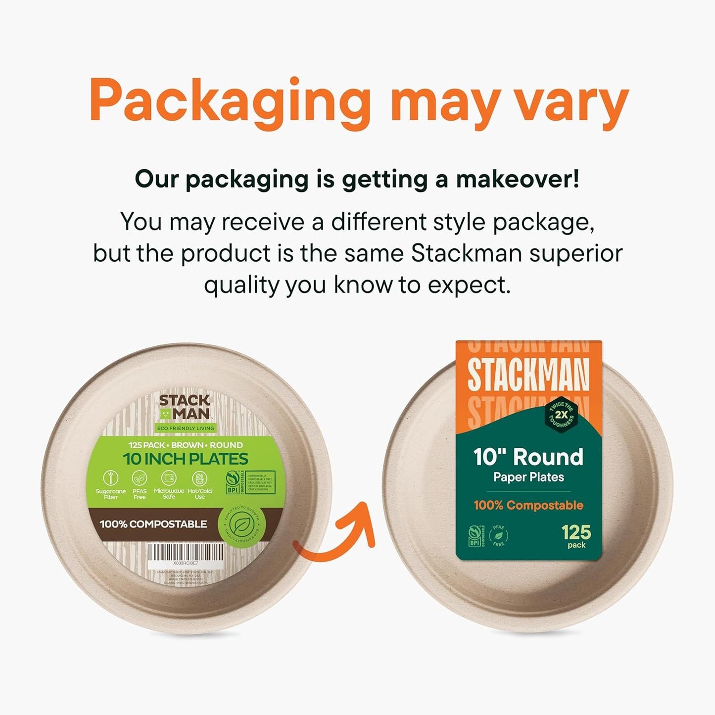 Paper Plates, Compostable Heavy Duty Disposable 10 Inch Dinner Plate - (125-Pack)- (PFAS-Free) - (BPI Certified)-Eco-Friendly, Biodegradable Bagasse Natural Brown 10"