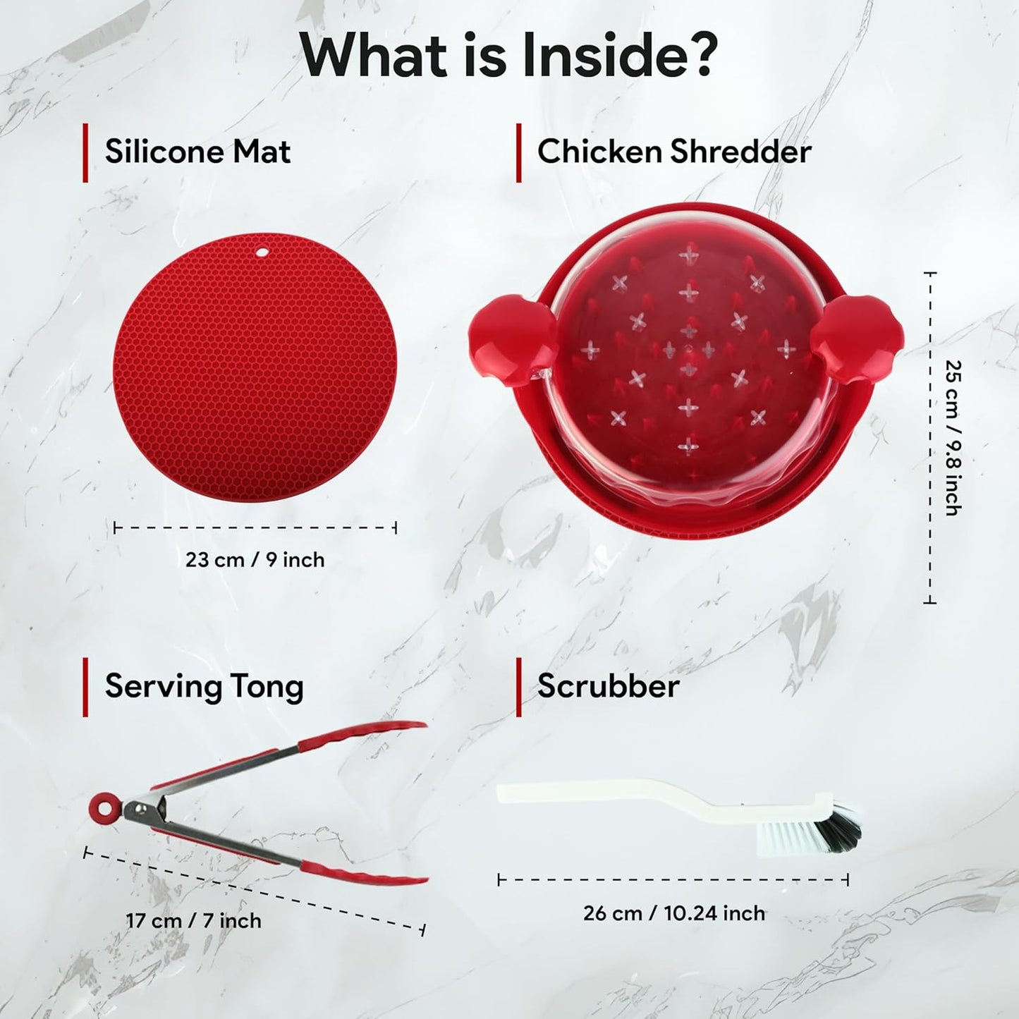 Rosecin Pro Chicken Shredder Tool Twist with Anti Slip Mat Tong and Brush, Meat Shredder, Kitchen Tools & Gadgets, Suitable for Pork Beef Chicken, Ergonomic Handle, BPA Free, Dishwasher Safe (Red)
