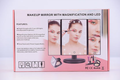 WEILY Vanity Makeup Mirror,1x/2x/3x Tri-Fold Makeup Mirror with 21 LED Lights and Adjustable Touch Screen Lighted Mirror Dressing Mirrors for Women(Black)
