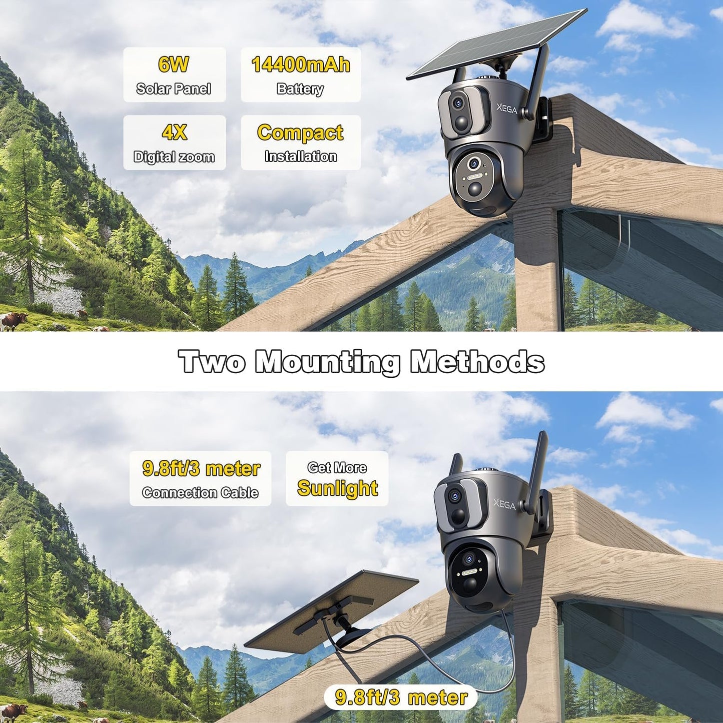 Xega 4Gã€Dual Lensã€‘ Security Camera Outdoor with SIM Card, 14400mAh Solar Powered Wireless No WiFi Security Camera, 2K HD PTZ CCTV with Human Detection Spotlight Siren Alert TF Cloud Storage IP66