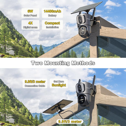 Xega 4Gã€Dual Lensã€‘ Security Camera Outdoor with SIM Card, 14400mAh Solar Powered Wireless No WiFi Security Camera, 2K HD PTZ CCTV with Human Detection Spotlight Siren Alert TF Cloud Storage IP66