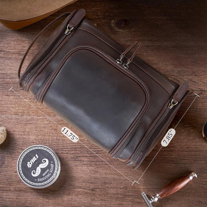 Polare Full Grain Leather Toiletry Bag Travel Dopp Kit Makeup Cosmetic Organizer Shaving Kit Wash Case with Hanging