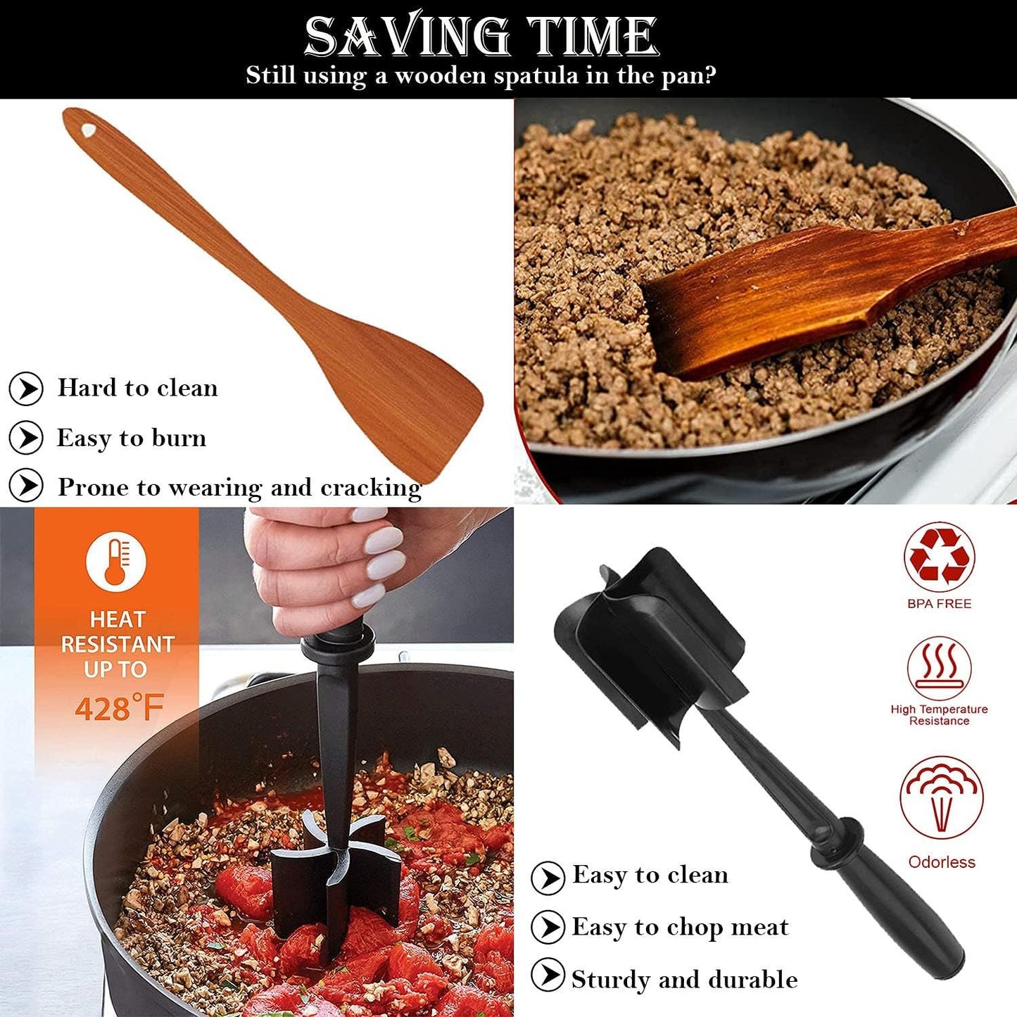 Bbymie Meat Masher, 5-Blade Head, High-Temp Heat-Resistant, Nylon Non-Stick, Black