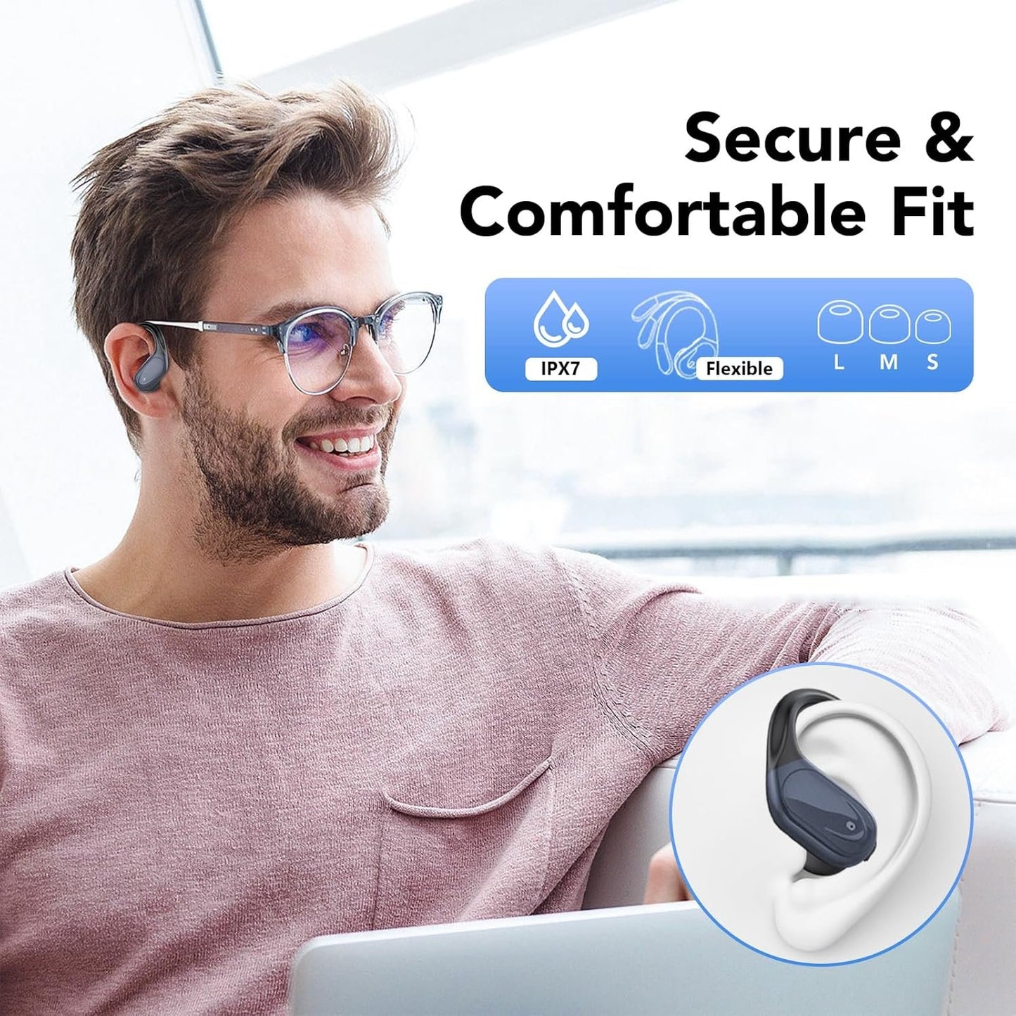 CASCHO Wireless Earbuds Bluetooth Headphones 60Hrs Playtime HD Stereo Audio Digital LED Display Over-Ear Earphones with Earhook Waterproof Headset with Mic for Sport Running Workout (Black)