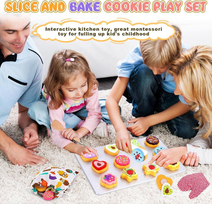 Slice and Bake Wooden Cookie Play Food Set for Kids Kitchen - Toy Food Accessories - Kids Pretend Cookies and Baking Sheet, Toy Baking Set for 3+ Year Old Boys Girls Birthday Gifts