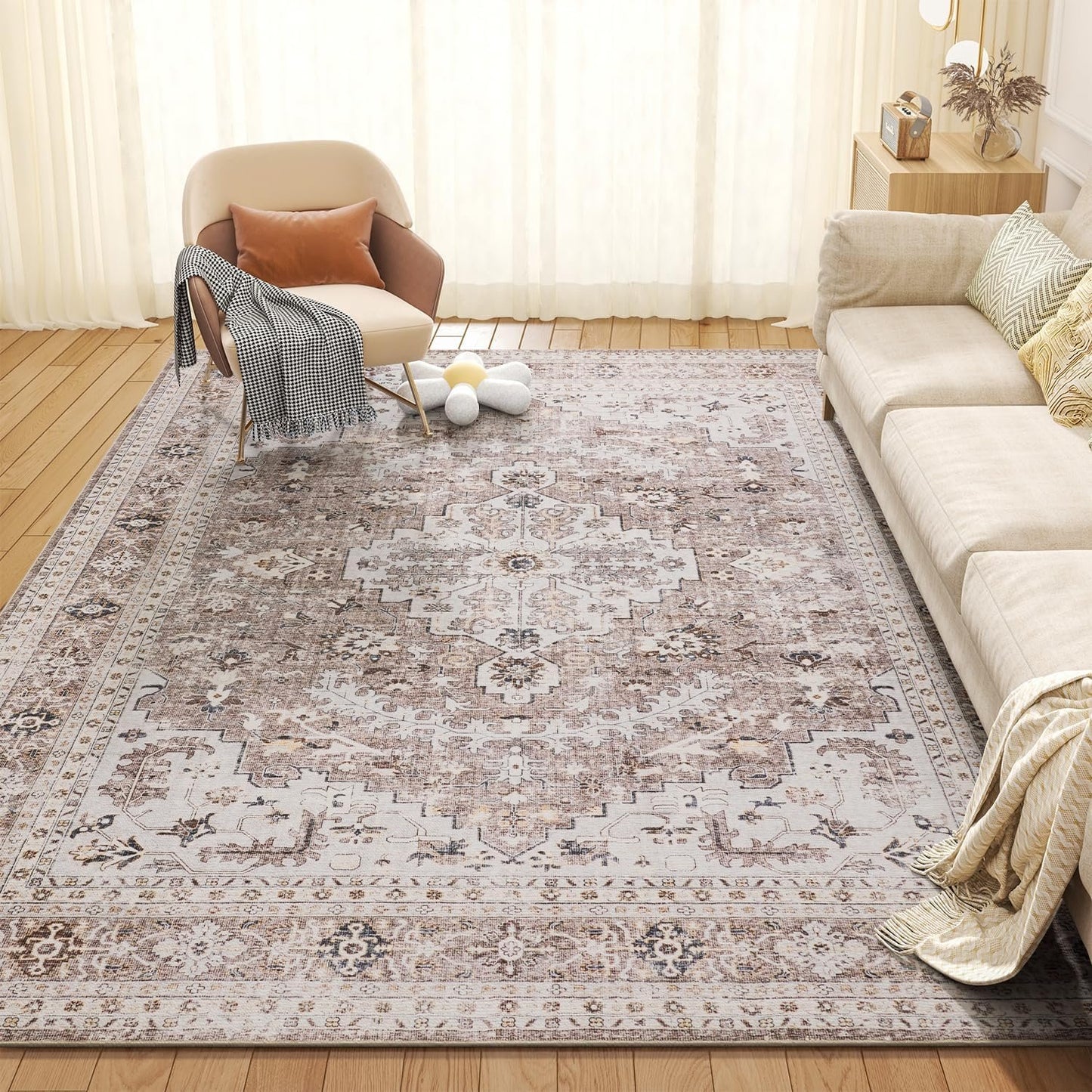 Area Rug for Living Room 5x7 Large Carpet-Machine Washable Vintage Traditional Rugs for Bedroom Dining Room Office Rug Non Slip Retro Taupe & Beige