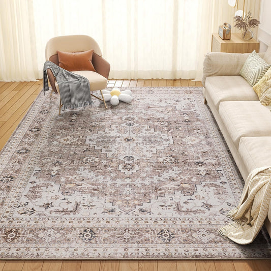 Area Rug for Living Room 5x7 Large Carpet-Machine Washable Vintage Traditional Rugs for Bedroom Dining Room Office Rug Non Slip Retro Taupe & Beige