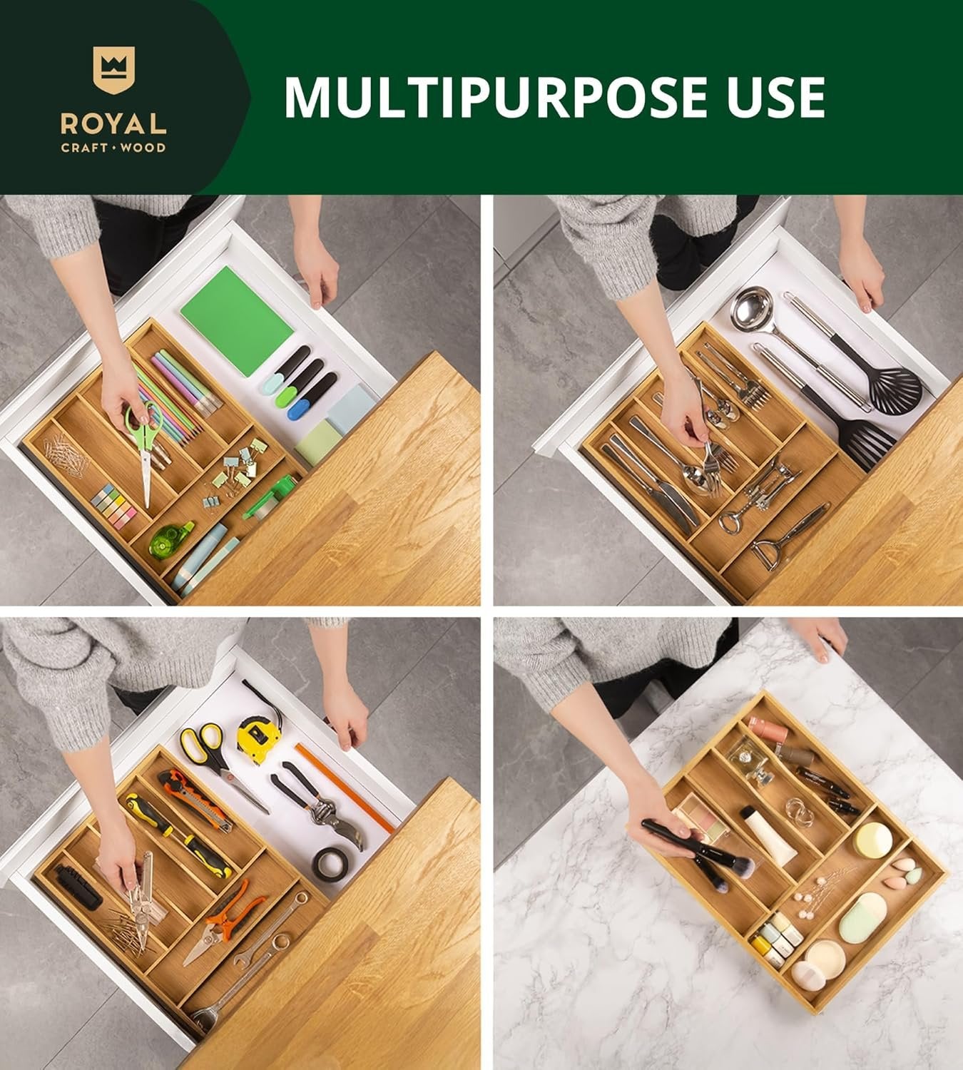 Bamboo Kitchen Drawer Organizer - Expandable Silverware Organizer/Utensil Holder and Cutlery Tray with Grooved Drawer Dividers for Flatware and Kitchen Utensils (Natural, 7 Slots)