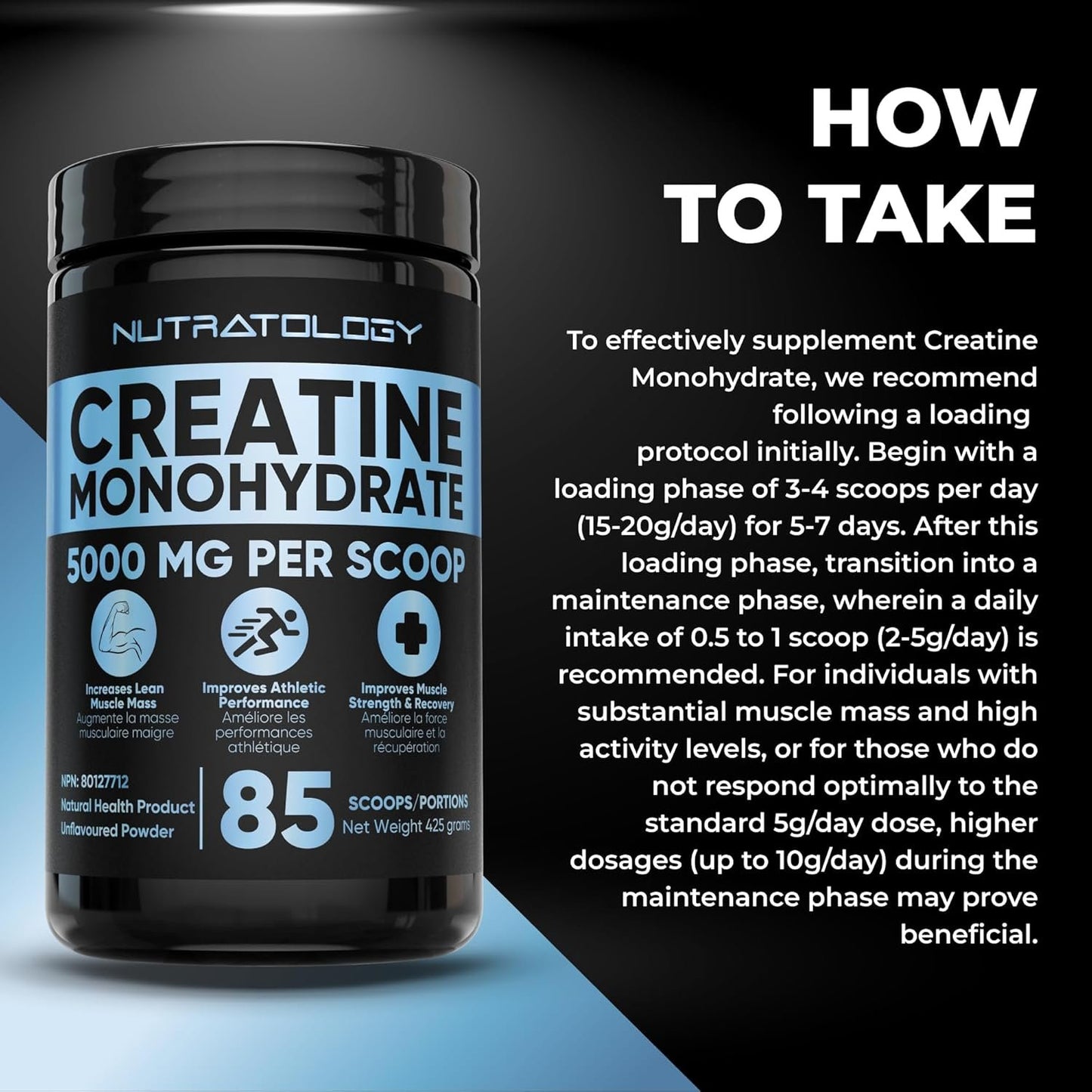 Creatine Monohydrate Powder 425g - For Increased Muscle Growth & Performance - Pre-workout Muscle Builder - Supports Athletic Performance - Creatine Powder for Workouts - 85 Servings
