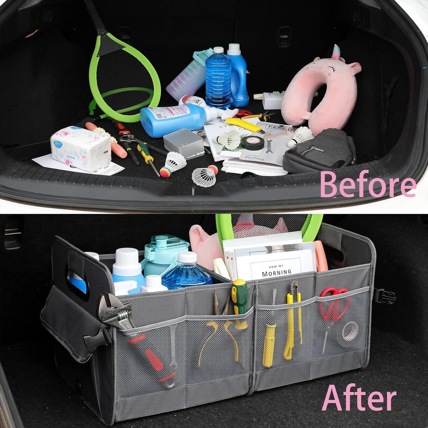 AOKJOY Car Trunk Organizer Car Storage Organizer Collapsible Multi Compartment Car Organizer Adjustable Straps Car Organizer for SUV(Gray)
