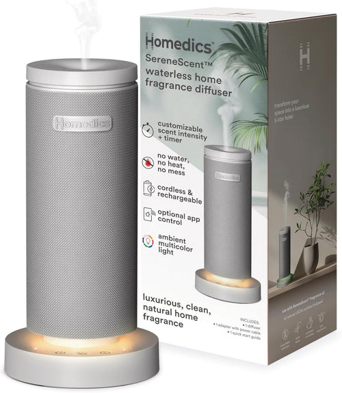 Homedics SereneScent Mini Fabric Rechargeable Waterless Diffuser, Cordless Aromatherapy Device, Use with SereneScent Oil 15ml (Sold Separately), Adjustable Mist Intensity & Ambient Light, Gray