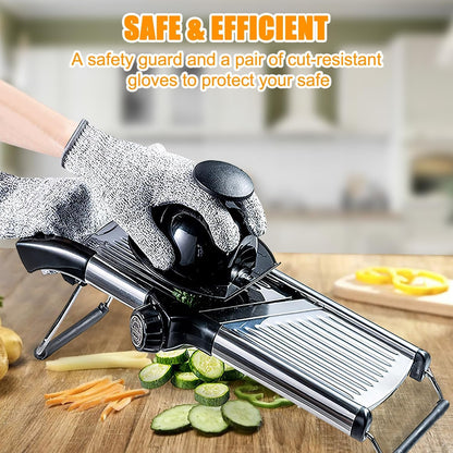 Versatile Adjustable Mandoline Slicer - Kitchen Tool for Easy Food Prep - Stainless Steel Vegetable Slicer for Cheese, Carrots, Potatoes, and More - Includes Blade Guard & Cut Resistant Gloves