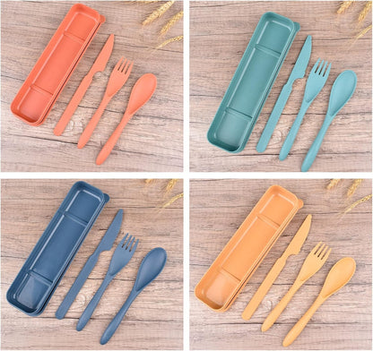 Reusable Wheat Straw Cutlery with Case, Portable Dark Utensils Set for Adults, Tableware Camping Cutlery Set for 4 People, Travel Utensils for Kitchens, Dishwasher Safe