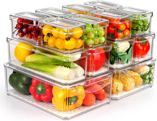 ZIJUND 14 Pack Fridge Organizer, Stackable Refrigerator Organizer Bins with Lids, BPA-Free Fridge Organizers and Storage Containers for Fruit, Vegetable, Food, Drinks, Cereals, Clear