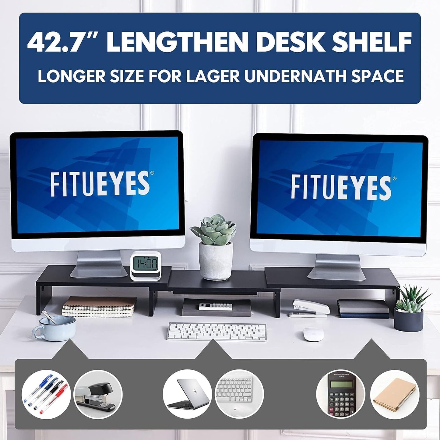 FITUEYES Dual Monitor Stand - 3 Shelf Computer Monitor Riser, Wood Desktop Stand with Adjustable Length and Angle, Desk Accessories, Office Supplies Medium Black,DT108001WB