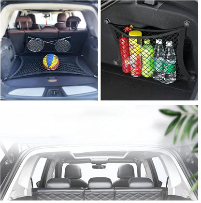 Ai-OUMLEEF Pack of 2 Car Luggage Net,Double Layer Elastic Storage Net,Stretchable Small Cargo Net,for Trunk Boats Home Storage Stretchable Mesh Pocket Net with 8 Mounting Screws and Hooks(25 x 45 cm)