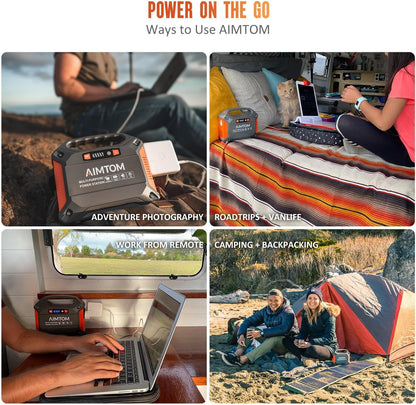 AIMTOM 155Wh Portable Power Station, 42000mAh Lithium Backup Battery with Flashlight, Solar Charging Option – 150W Peak (100W AC), 12V DC, USB & USB-C for Camping, Home, RV, Travel & Digital Nomads