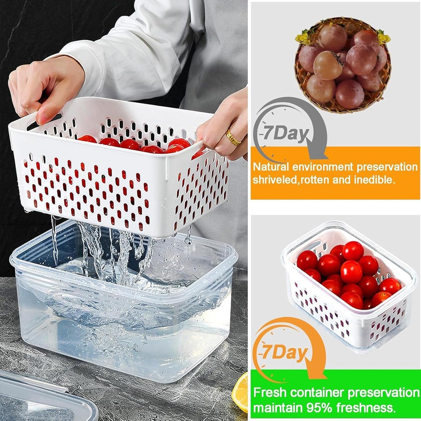 Fruit Storage Containers For Fridge, 5 Pack Leakproof Food Storage Containers with Removable Colander & Microwave Safe Fridge Organizer, Multi-Size Capacity with Lid & Colander for Home Kitchen