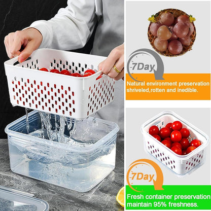 Fruit Storage Containers For Fridge, 5 Pack Leakproof Food Storage Containers with Removable Colander & Microwave Safe Fridge Organizer, Multi-Size Capacity with Lid & Colander for Home Kitchen
