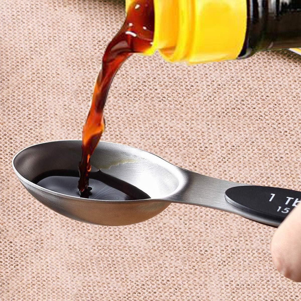DILISS Magnetic Measuring Spoons Set, Dual Sided, Stainless Steel, Fits in Spice Jars, Set of 8 for Measuring Dry and Liquid Ingredients (Black)