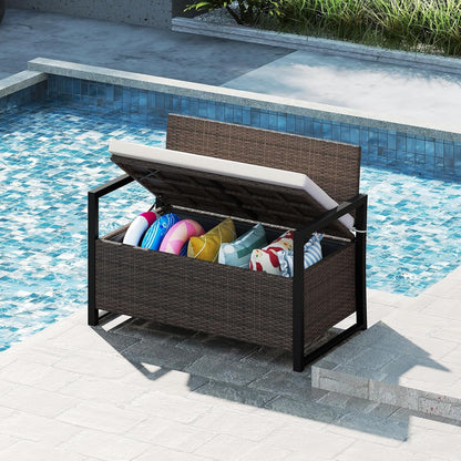 Tangkula 40 Gallon Outdoor Bench with Storage, Patio Wicker Storage Bench with Cushion, Cover, Metal Frame, Deck Box Seat for Backyard, Poolside, Balcony, Garden (Brown)