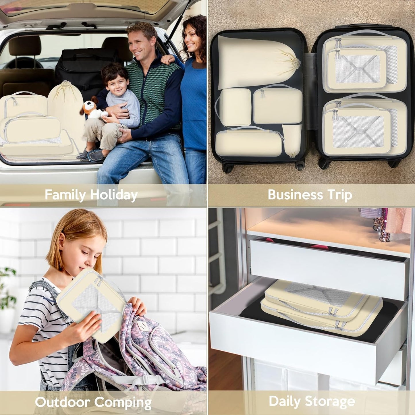 Avmvnvc 9-Piece Suitcase Organiser Set, 9 in 1 Travel Organizer, Space-Saving Suitcase, Travel Cube System for Clothes, Shoes, Cosmetics, Beige