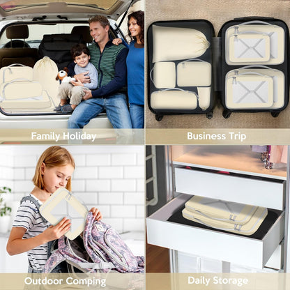 Avmvnvc 9-Piece Suitcase Organiser Set, 9 in 1 Travel Organizer, Space-Saving Suitcase, Travel Cube System for Clothes, Shoes, Cosmetics, Beige