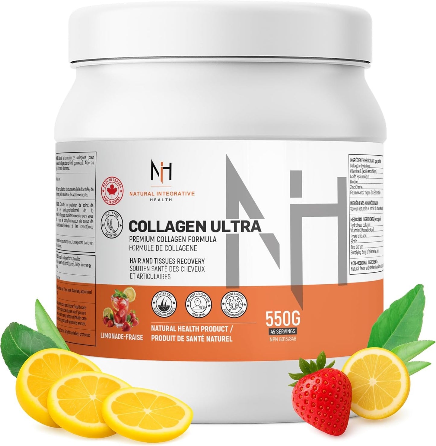 NIH - Collagen Powder Strawberry-Lemonade, 550g (45 Servings) – Hydrolyzed Collagen Peptides Supplement, Supports Healthy Bones, Hair, Skin, Teeth, Nails & Joints – Easy to Mix, for Men & Women