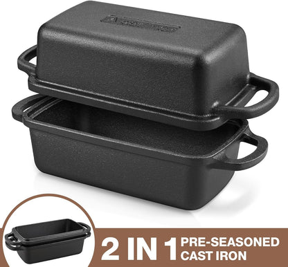 Apatiner 2 in 1 Cast Iron Bread Pan with Lid, Durable Loaf Pans for Baking Homemade Sourdough and Meatloaf, Bread Oven Cast Iron Cookware, Set of 2