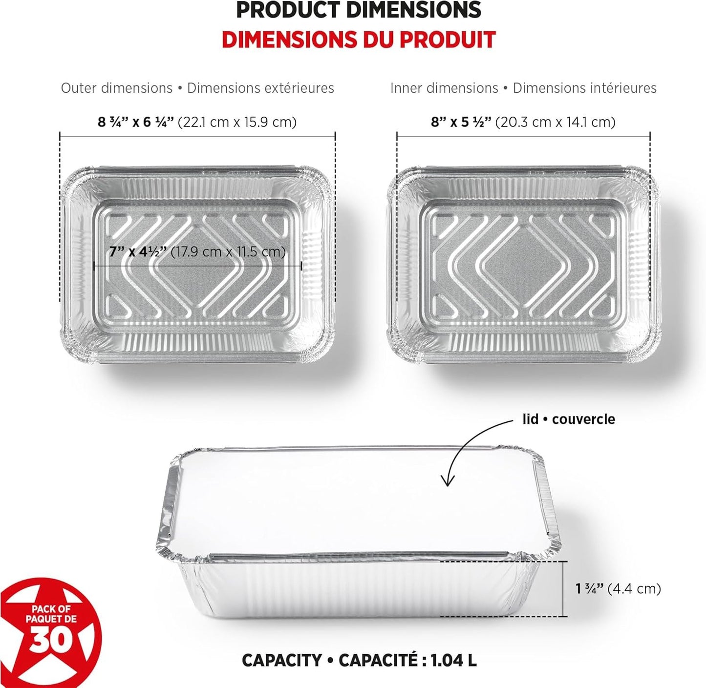 Starfrit (30-Pack) Aluminum Storage Containers with Lids (8.5”x 6”) - 2.25 LB Capacity - Recyclable - Disposable - Oven & Freezer Safe - Perfect for Cooking, Meal Prep & Takeout