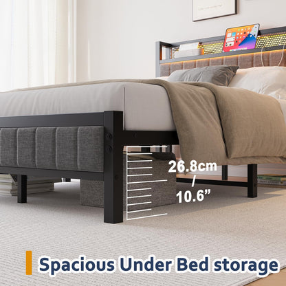 VERFARM Double Bed Frame with LED Lights Storage Headboard and USB Charging Station,Metal Upholstered Platform Bed Frame Double with Storage No Box Spring Needed,Strong Steel Slats,Noise Free,Grey