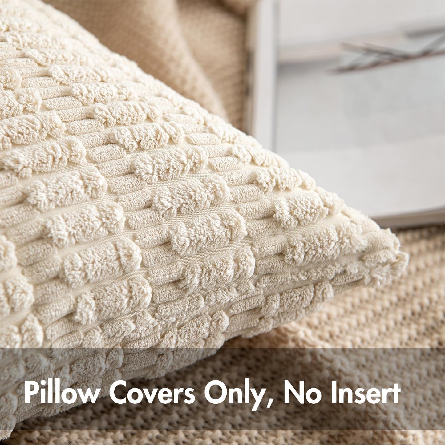 MIULEE Pack of 2 Corduroy Throw Pillow Covers Soft Decorative Boho Striped Cushion Covers Farmhouse Home Decor Pillowcase for Spring Sofa Living Room Couch Bed 18x18 Inch Cream White