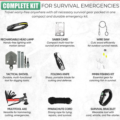 Emergency Survival kit, 73 pcs in 1 Survival Gears with First Aid Compass Tactical Tools Headlamp Shovel fire starter Outdoor Camping Hiking Biking Gifts Ideas for Men Husband Boyfriend Dad Father Boy