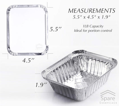 55 PACK - Aluminum Foil Pan Containers with Lids Take Out Pans Food Containers Disposable Easy Pack From Spare – 1Lb Capacity 5.5" x 4.5" x 1.9" – SMALL Size