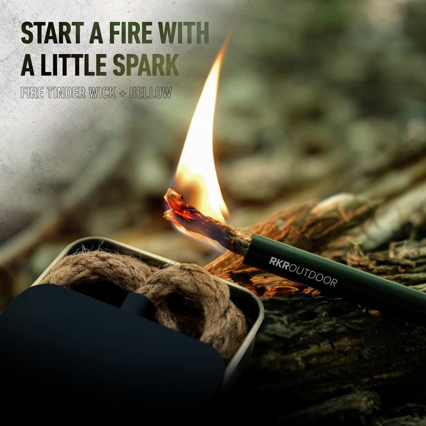 RKR OUTDOOR Ferro Rod Flint Fire Starter Kit + Tinder Wick Bellow with Sliding Box - 4" Length 1/2” Thick Ferro Rod with Multi-Tool Striker and Paracord Lanyard + Hemp Wick with Bellow + Sliding Box