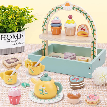 Wooden Tea Party Set for Little Girls, Tea Set Toddler Girl Toys, Pretend Play Tea Sets for Toddlers 3-5, Wooden Toys with Cupcake Stand & Play Kitchen Accessories for 3 4 5 6 Years Old Gifts