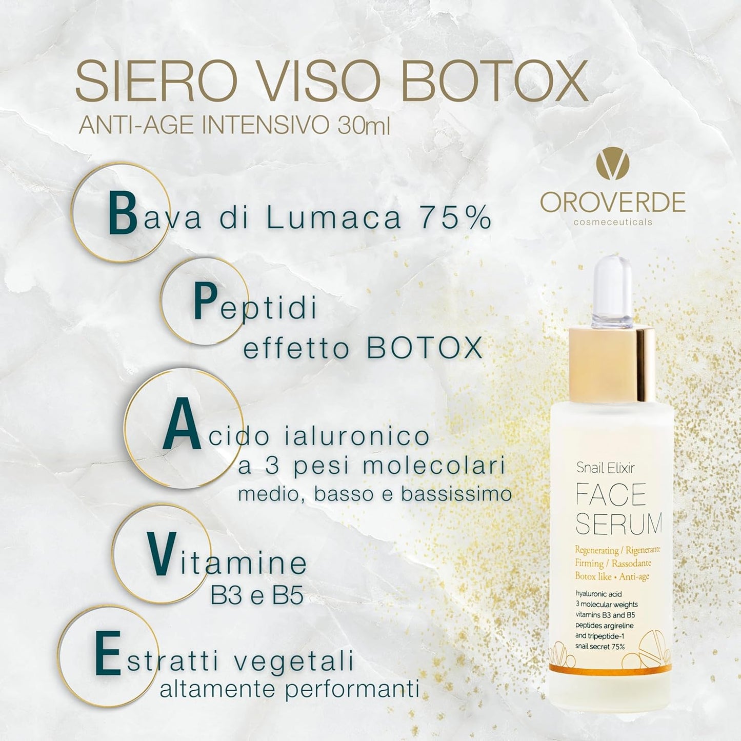 OROVERDE cosmeceuticals Snail Elixir Face Serum 30 ml, Intensive Anti-Age Face Serum Botox Effect - 75% Italian Snail Slime, Hyaluronic Acid 3 Molecular Weights, Peptides, Vitamins B3 and B5, Centella