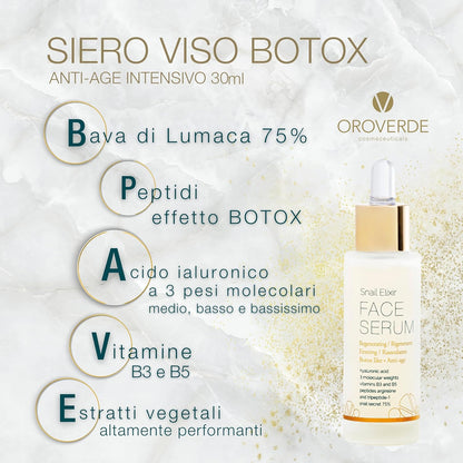 OROVERDE cosmeceuticals Snail Elixir Face Serum 30 ml, Intensive Anti-Age Face Serum Botox Effect - 75% Italian Snail Slime, Hyaluronic Acid 3 Molecular Weights, Peptides, Vitamins B3 and B5, Centella
