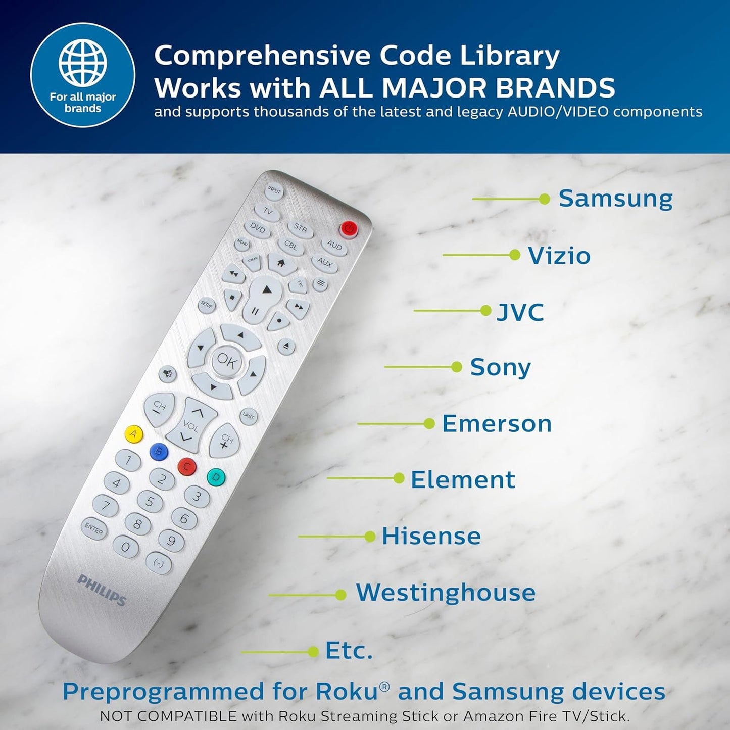 Backlit Universal Remote Control by Philips, Works for Samsung, Vizio, TCL, HiSense, Sony, RCA, Panasonic, Roku, Apple TV, Smart TVs, Streaming Players, Blu-Ray, DVD, 6-Device, Silver, SRP3016S/27