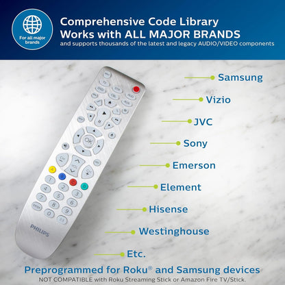 Backlit Universal Remote Control by Philips, Works for Samsung, Vizio, TCL, HiSense, Sony, RCA, Panasonic, Roku, Apple TV, Smart TVs, Streaming Players, Blu-Ray, DVD, 6-Device, Silver, SRP3016S/27