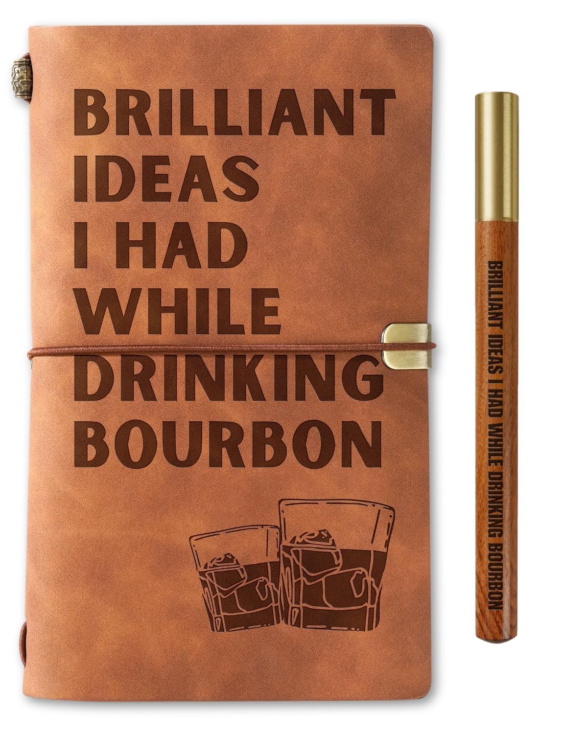 Bourbon gifts Leather Journal Notebook with Pen, for Whiskey Lovers, Men, Women on Birthday, Refillable Sketchbook, Travel Diary, Lined Planner, 7x5 Inches, Brown