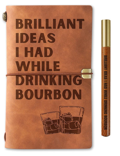 Bourbon gifts Leather Journal Notebook with Pen, for Whiskey Lovers, Men, Women on Birthday, Refillable Sketchbook, Travel Diary, Lined Planner, 7x5 Inches, Brown