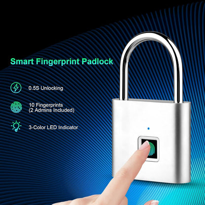 Domary Smart Fingerprint Padlock Rechargeable Keyless 10 Fingerprints Morse Code Emergency Unlocking Easy Operation IP56 Waterproof Anti-Theft Security Padlock Door Luggage Backpack Lock