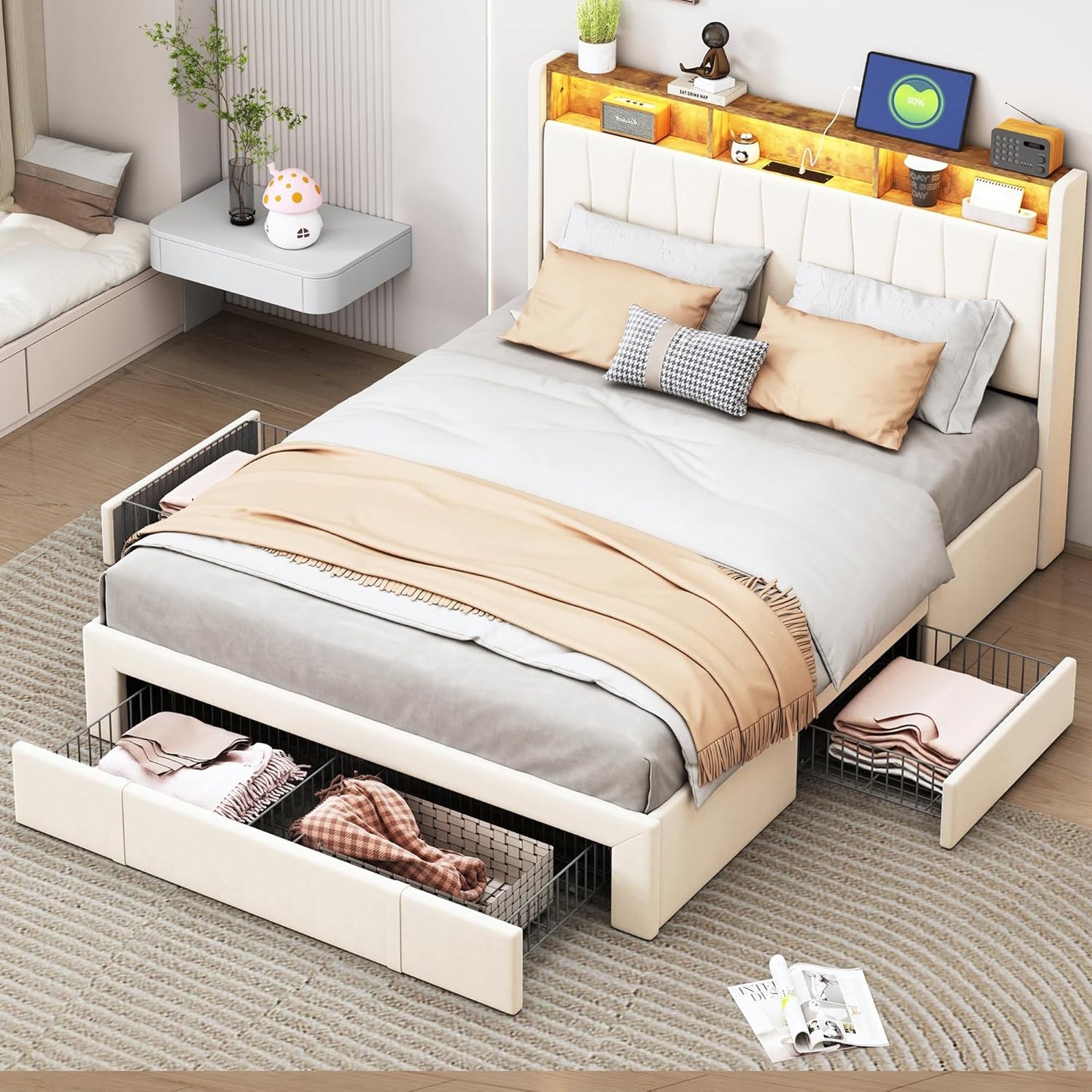 BRILVERDE Upholstered Bed, 160 x 200 cm, Double Bed with 4 Drawers and Slatted Base, LED Headboard with Storage, USB Charging Function, Velvet, Beige (160 x 200 cm)