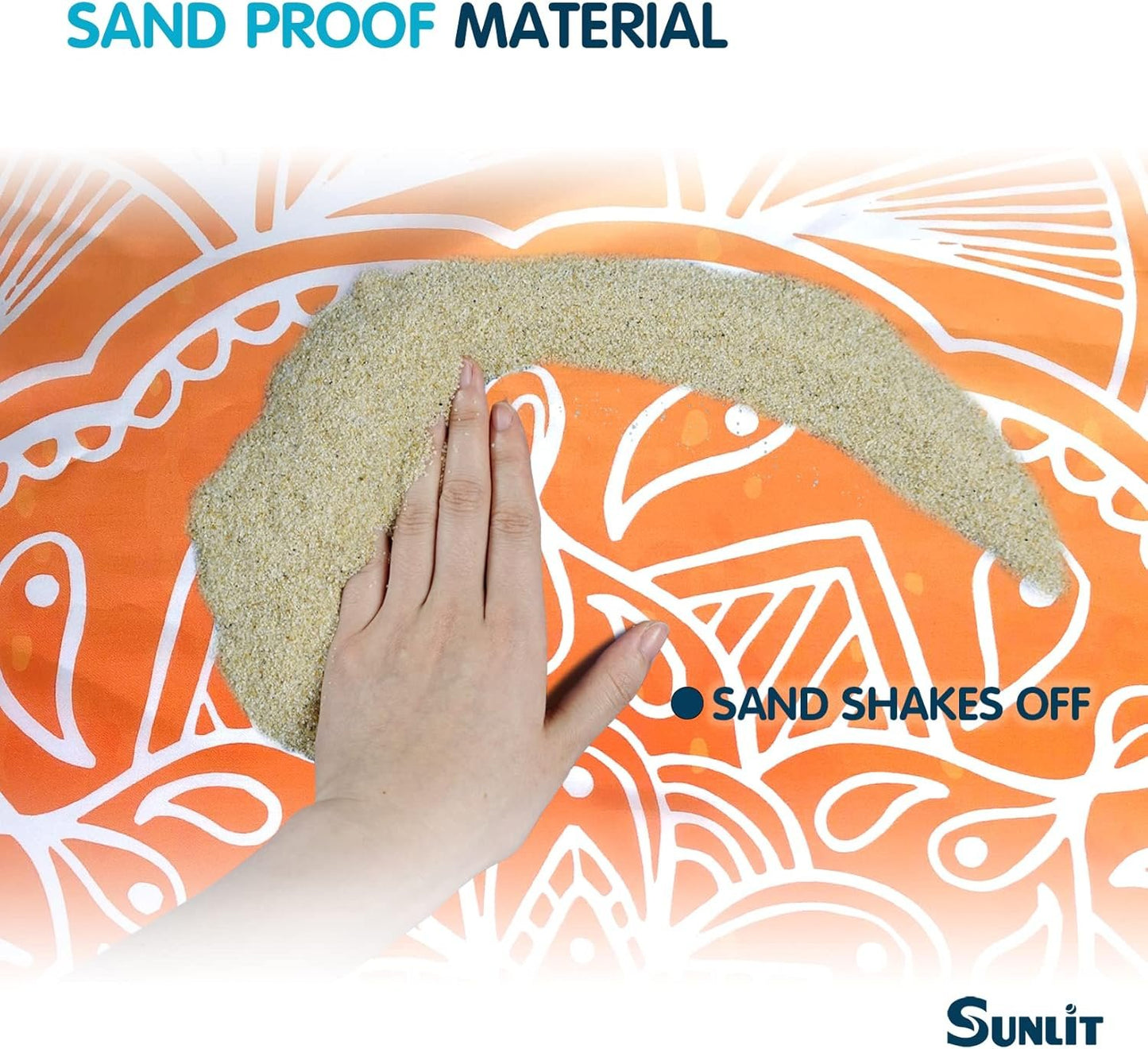 Sunlit 10'x9' Extra Large Boho Sand Proof Beach Blanket, Sand Proof Mat with Corner Pockets and Mesh Bag for Beach Party, Travel, Camping and Outdoor Music Festival, Light Orange and Sky Blue Mandala