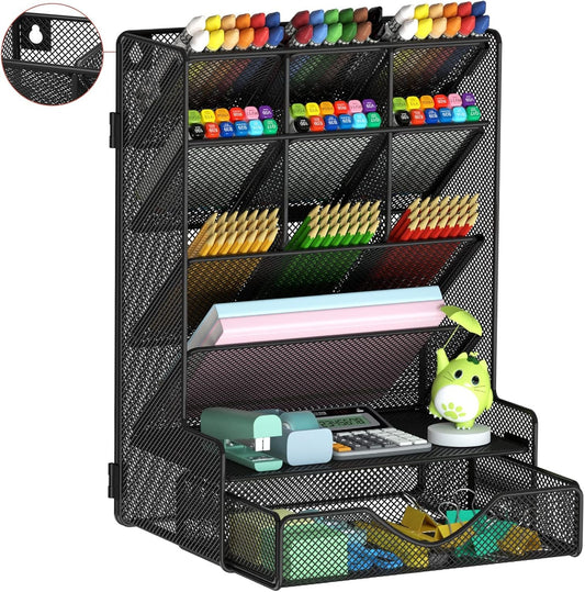 BOHDK Pen Organizer for Desk, Multi-Functional Desk Organizer, Hanging Wall Pen Holder with Drawer for School, Office, Home, Art Supplies, Black