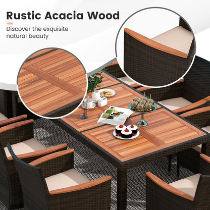 ORALNER 9 Pieces Outdoor Dining Set, Patio Wicker Dining Table and Chairs Set with Acacia Wood Table Top, Seat Cushions, Rattan Dining Table Set for 8, Garden Yard Poolside Deck (Beige)
