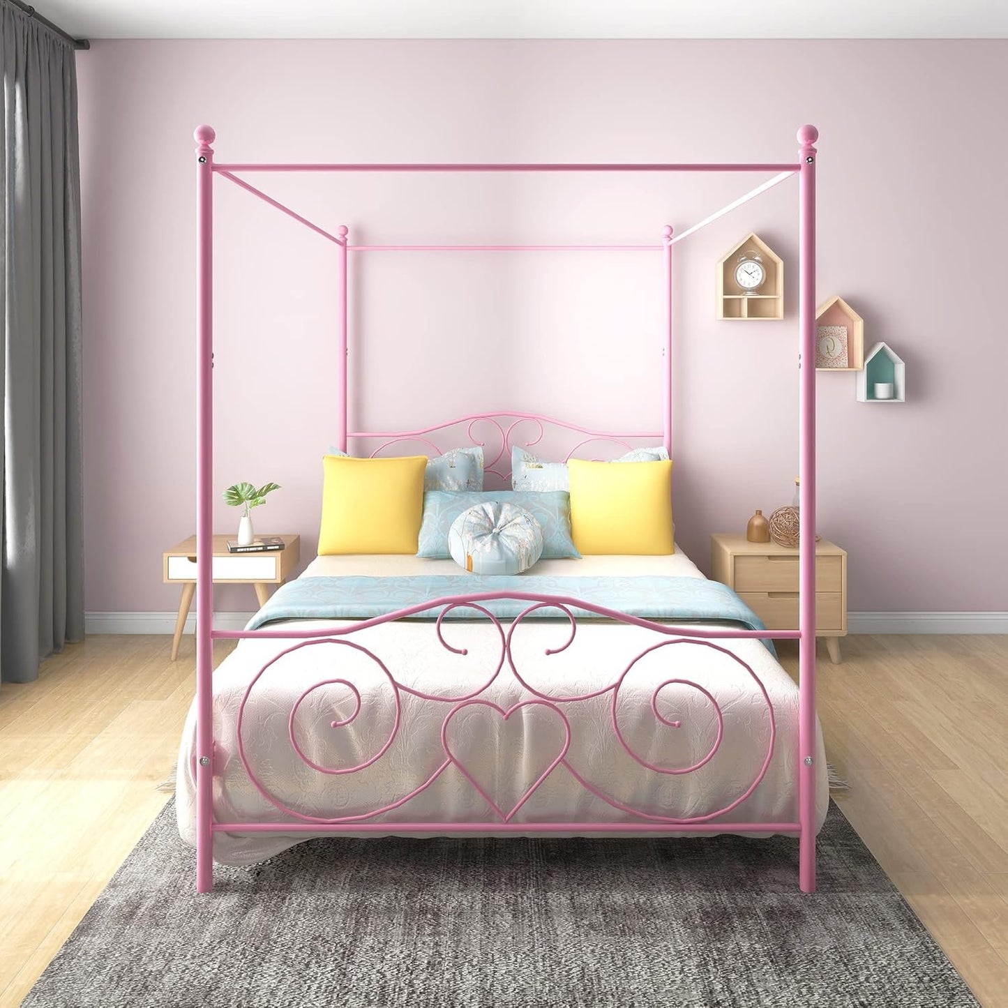 HAHRIR Canopy Bed Frame Platform Metal Bed Frame Heavy Duty Steel Slat and Support with Headboard and Footboard No Box Spring Required (Queen, Pink)