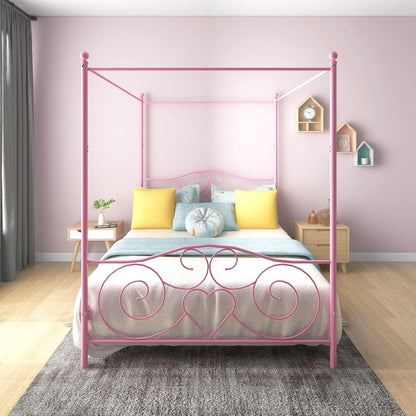 HAHRIR Canopy Bed Frame Platform Metal Bed Frame Heavy Duty Steel Slat and Support with Headboard and Footboard No Box Spring Required (Queen, Pink)